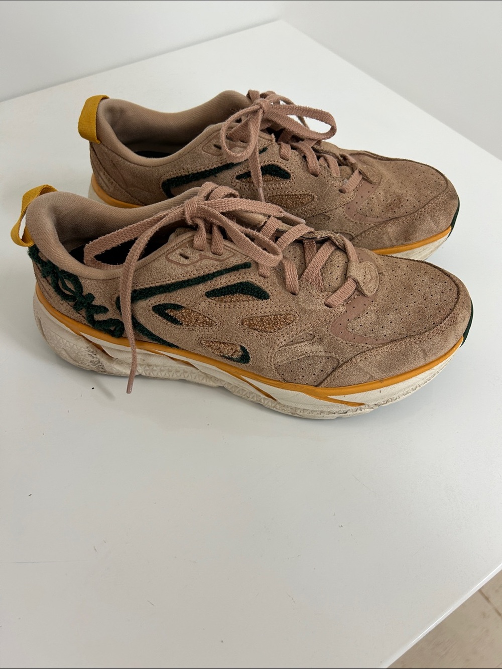 Hoka Women’s Taupe Suede Athletic Sneakers with Yellow Accent